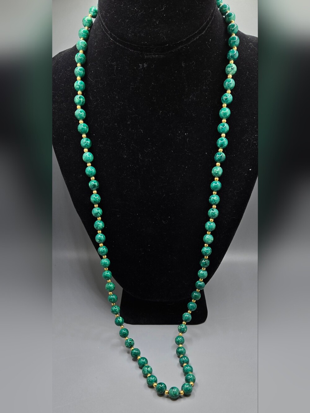 Chryscolla Green Stone Necklace w/ Gold Spacer Beads 30" Long